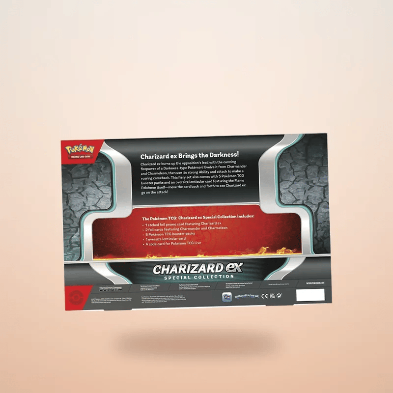 Animated back of the Charizard ex Special Collection box floating on a soft warm background