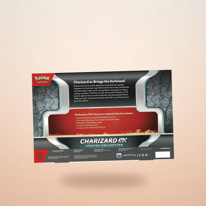 Animated back of the Charizard ex Special Collection box floating on a soft warm background