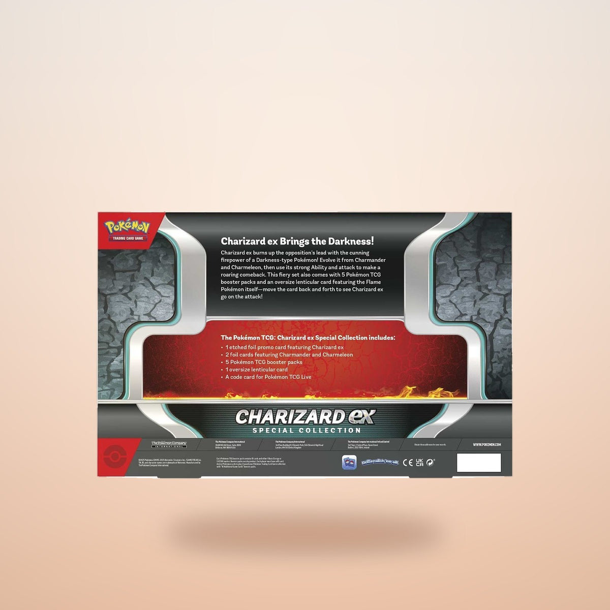 Back of Charizard ex Special Collection box showing contents, floating on a warm glow backdrop