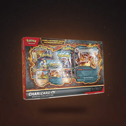 Animated Charizard ex Special Collection box gently floating with drifting embers
