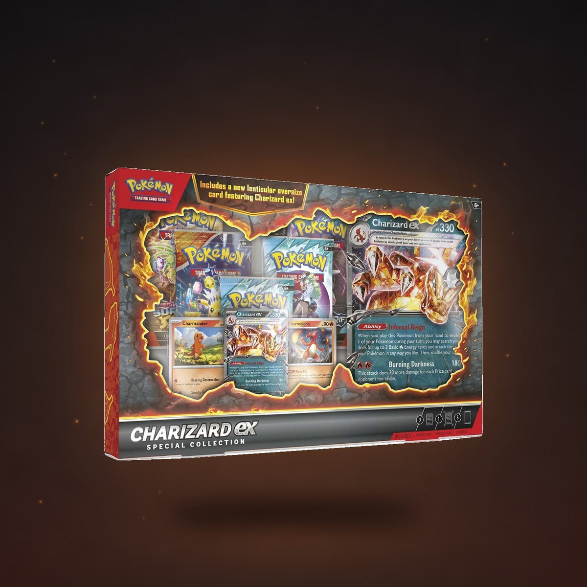 Pokémon TCG Charizard ex Special Collection box floating over a warm ember backdrop — factory sealed