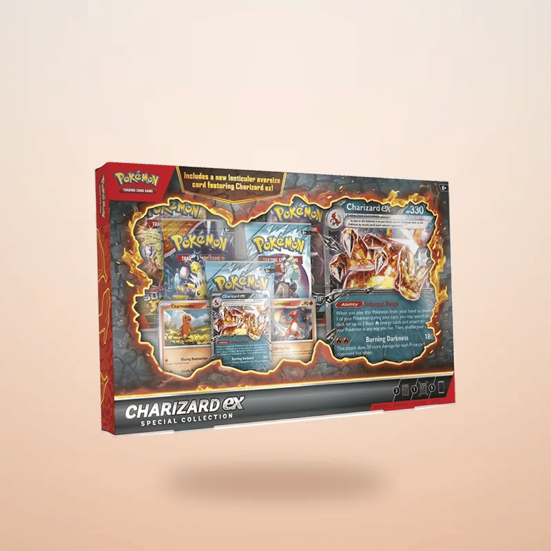 Animated Charizard ex Special Collection box floating on a soft warm background