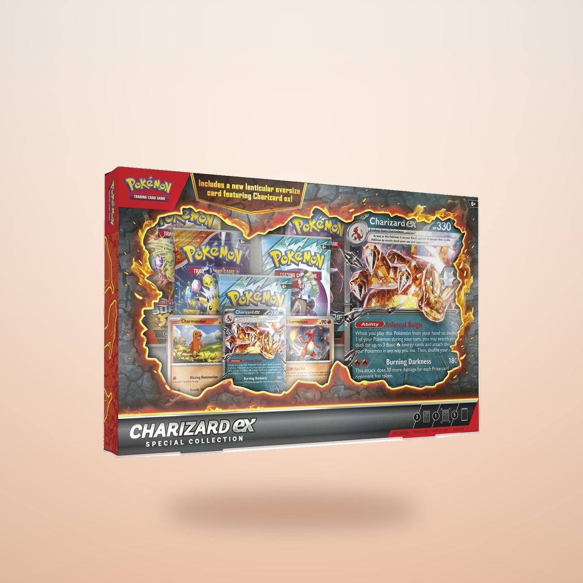 Charizard ex Special Collection with lenticular oversize card, Charmander and Charmeleon promos and 5 booster packs on a warm glow backdrop