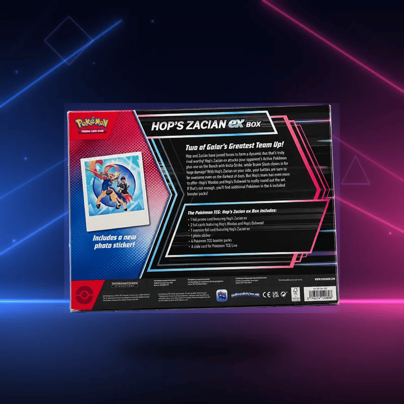 Back of Pokémon TCG Hop's Zacian ex Box floating over a neon backdrop, listing the promo card, foil cards, 4 booster packs and photo sticker