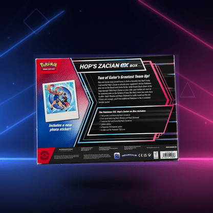 Back of Pokémon TCG Hop's Zacian ex Box floating over a neon backdrop, listing the promo card, foil cards, 4 booster packs and photo sticker