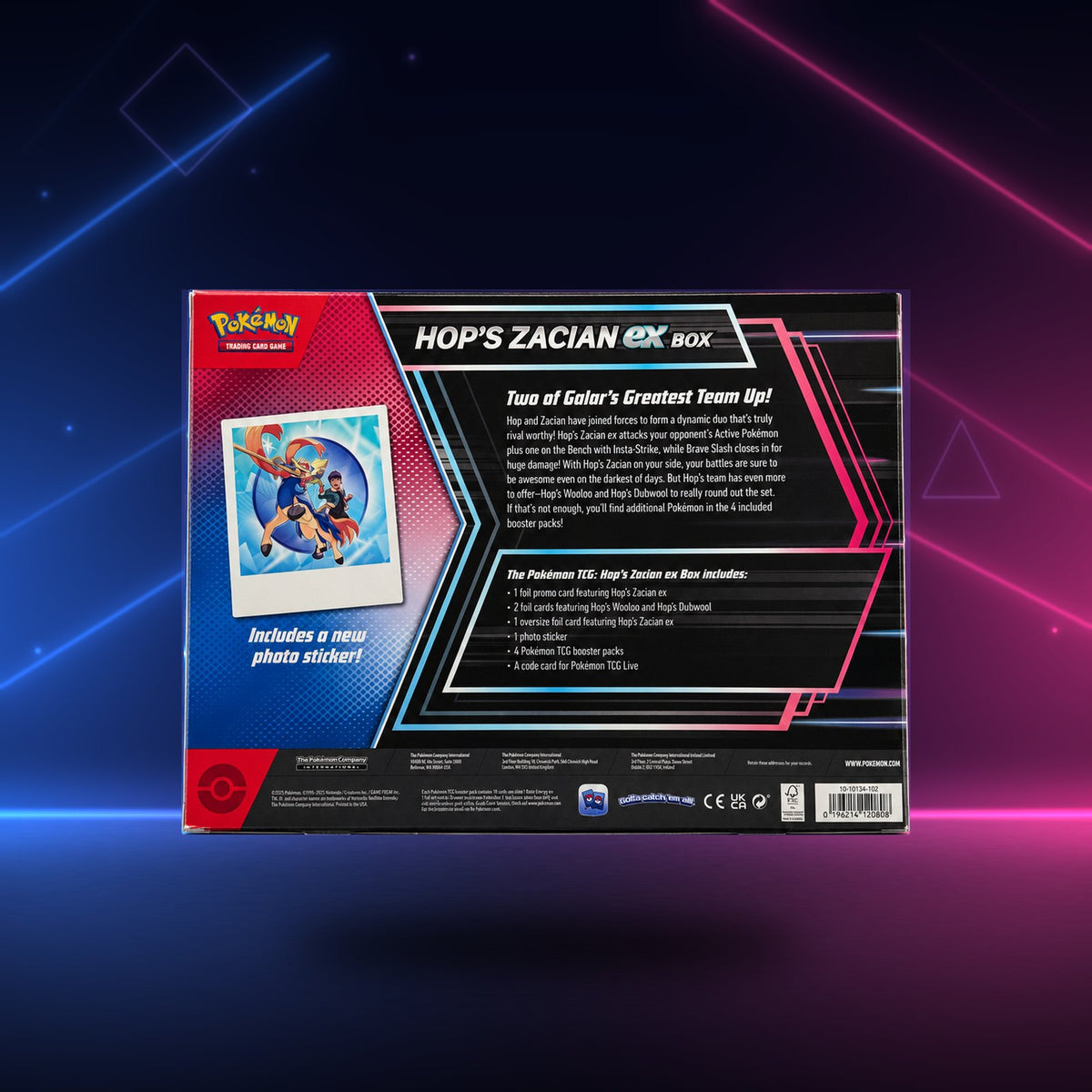 The back of a Pokémon TCG Hop's ZACIAN EX Box package, shown against a dark background with neon blue and pink light effects. The box is black with red, blue, and pink geometric accents, featuring product details, a photo sticker inset, and Pokémon branding.