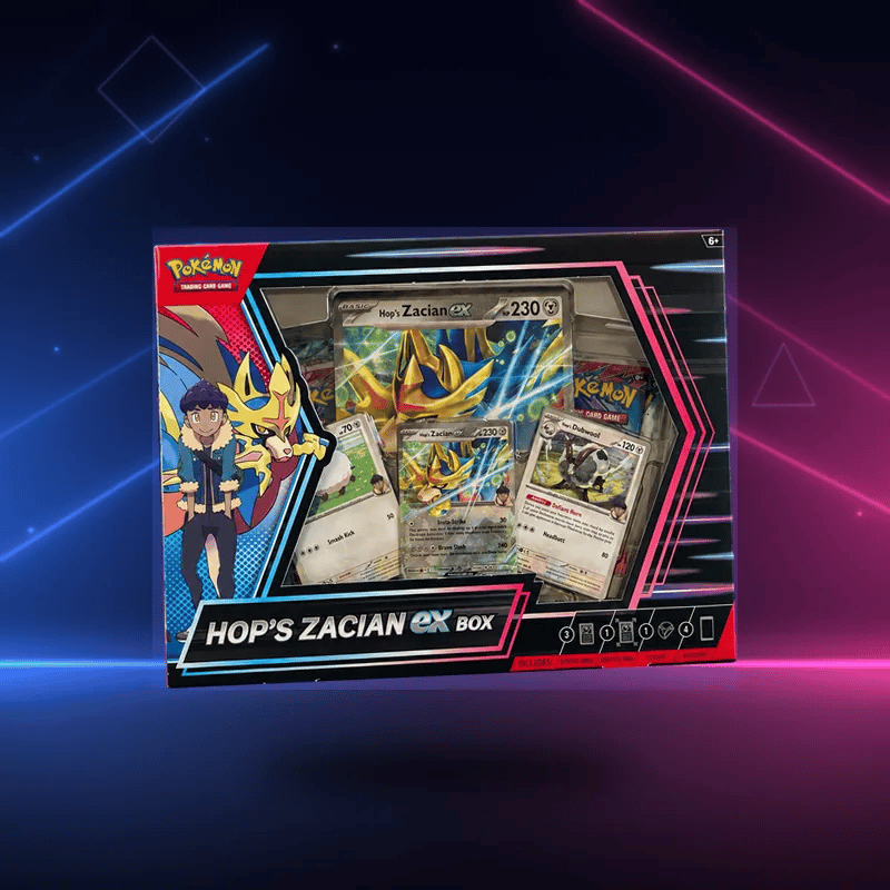 Pokémon TCG Hop's Zacian ex Box front floating over a neon blue and pink backdrop — factory sealed