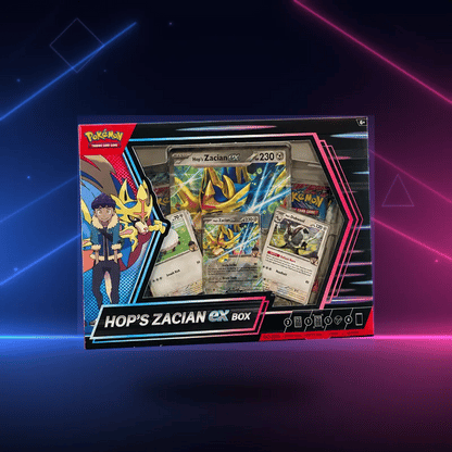 Pokémon TCG Hop's Zacian ex Box front floating over a neon blue and pink backdrop — factory sealed