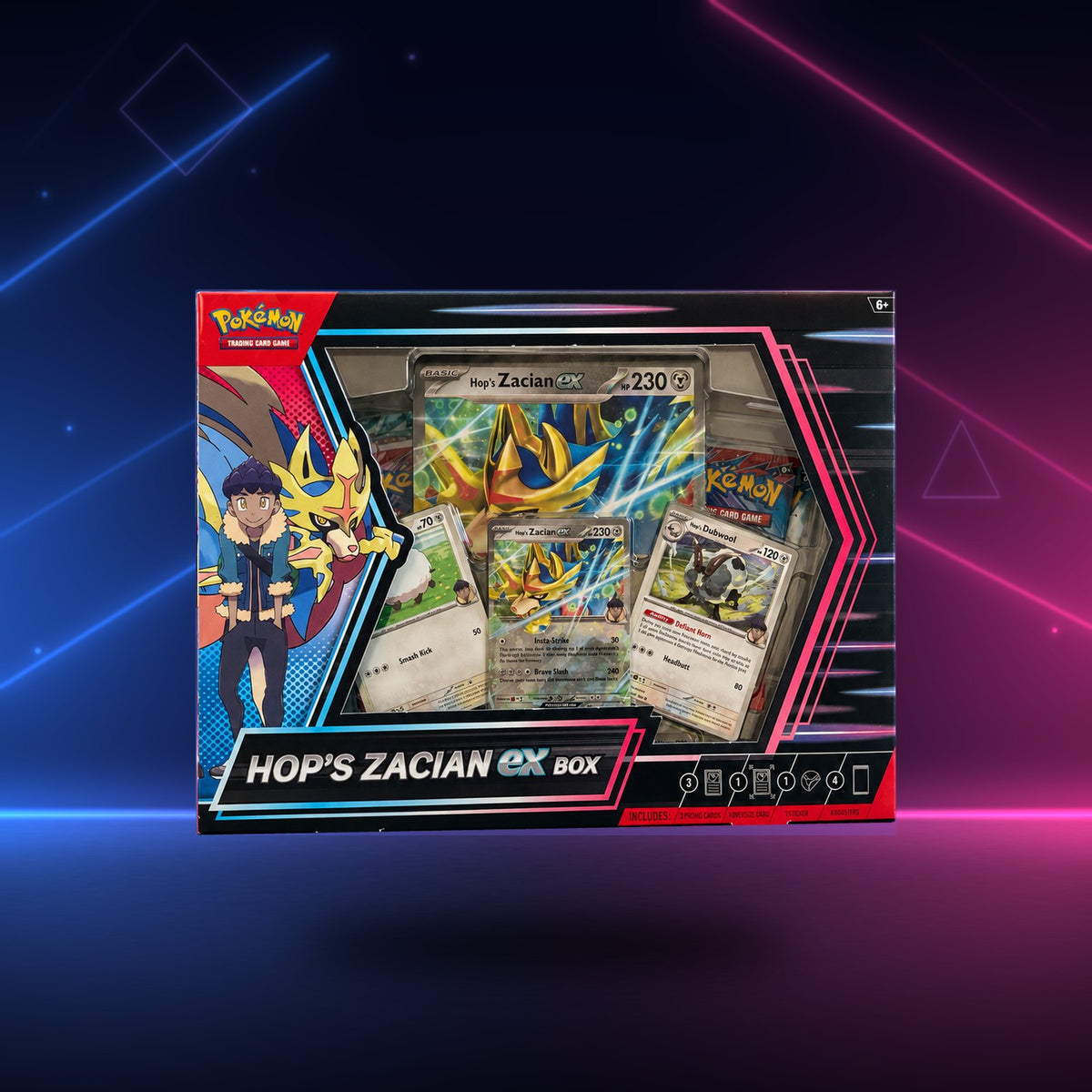 Pokémon Hop's Zacian EX Box card set in a black and blue box with pink accents, featuring a holographic Zacian EX card and other Pokémon cards visible inside, set against a dark background with neon blue and pink light streaks.
