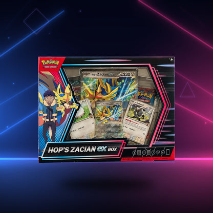 Pokémon Hop's Zacian EX Box card set in a black and blue box with pink accents, featuring a holographic Zacian EX card and other Pokémon cards visible inside, set against a dark background with neon blue and pink light streaks.