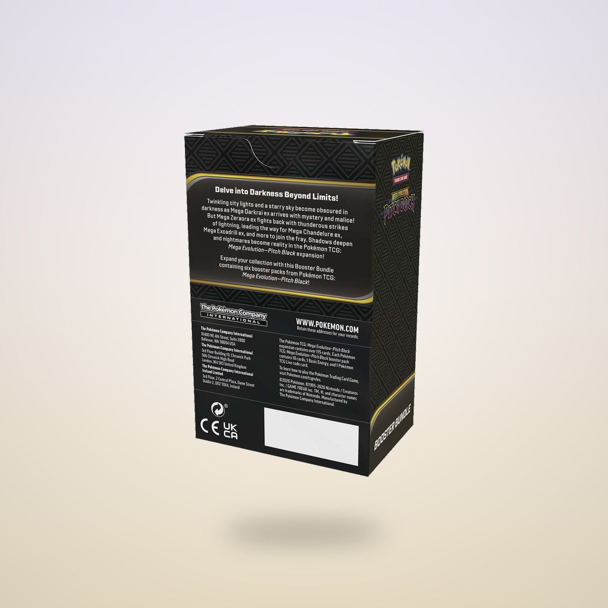 Back of the Pitch Black Booster Bundle box on a light lavender backdrop