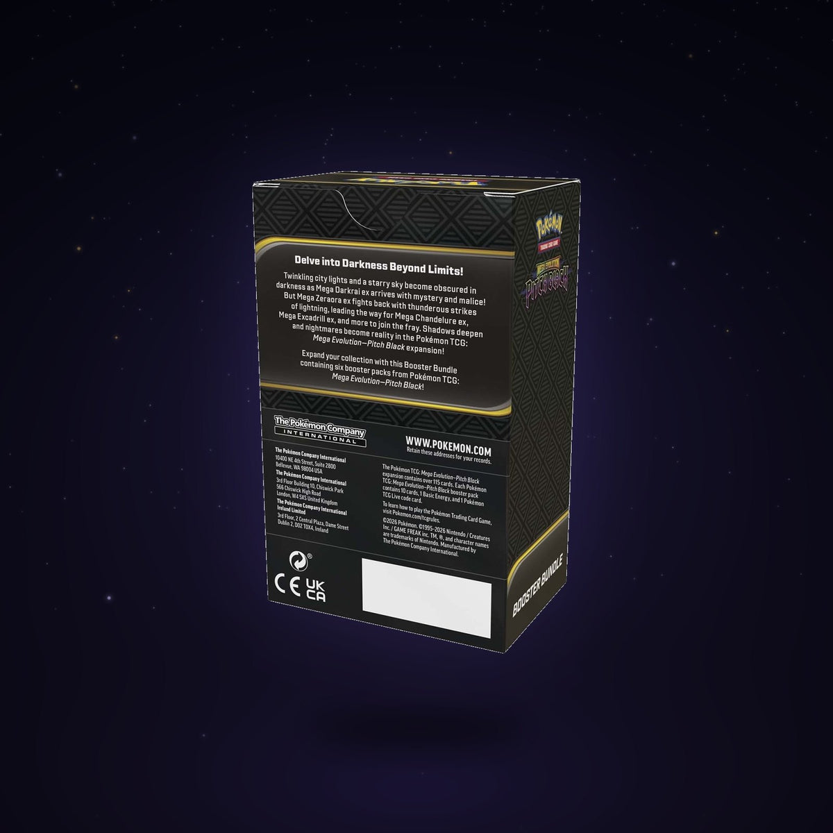 Back of the Pitch Black Booster Bundle box floating on a starry midnight backdrop