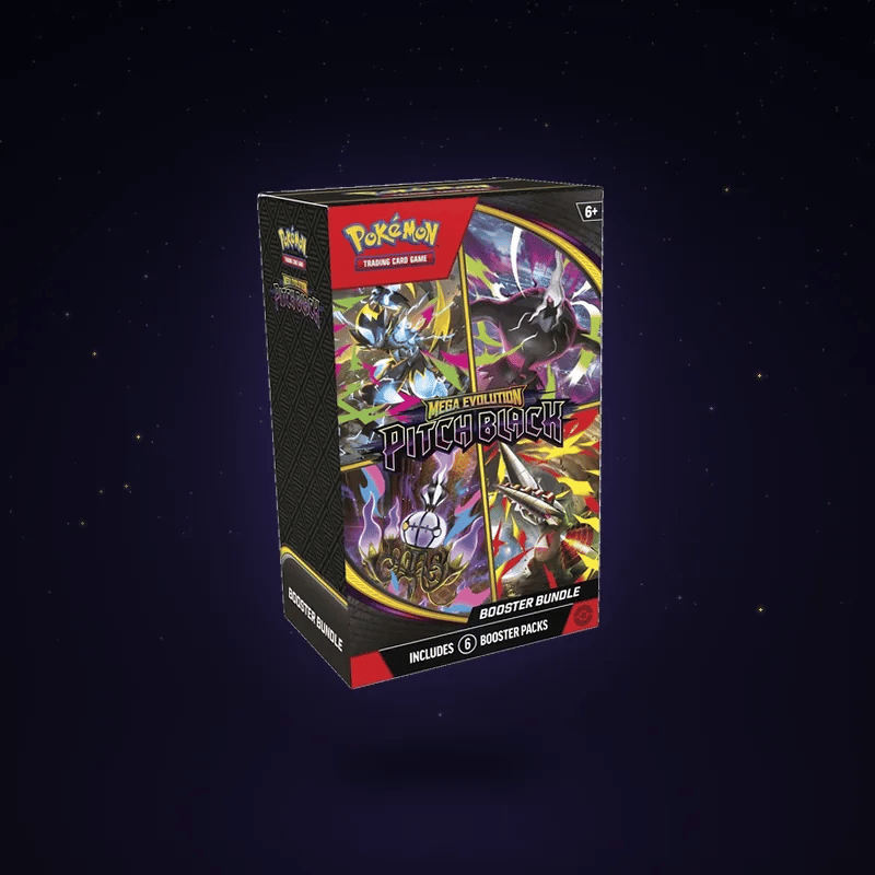Animated Pitch Black Booster Bundle gently floating with gold sparkles under a starry sky