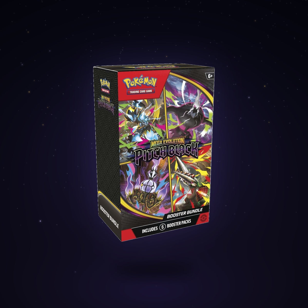 Pokémon TCG Mega Evolution Pitch Black Booster Bundle floating over a starry midnight backdrop — factory sealed
