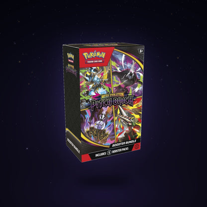 Pokémon TCG Mega Evolution Pitch Black Booster Bundle floating over a starry midnight backdrop — factory sealed