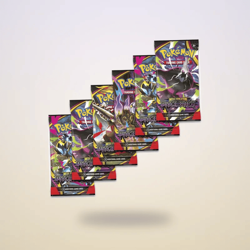 Animated six Pitch Black booster packs on a light backdrop