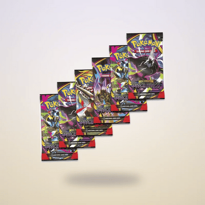 Animated six Pitch Black booster packs on a light backdrop
