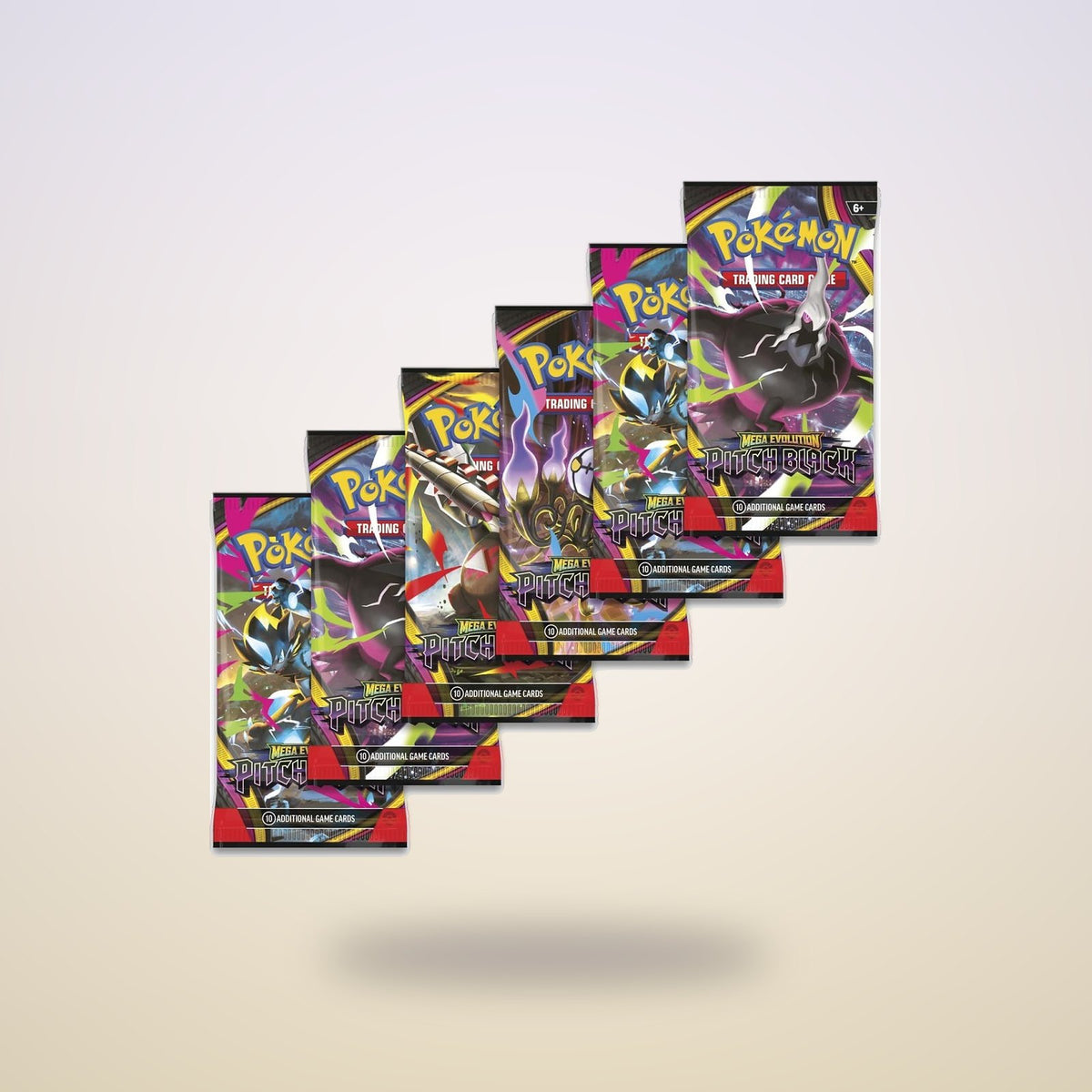 Six Pitch Black booster packs on a soft lavender and champagne backdrop