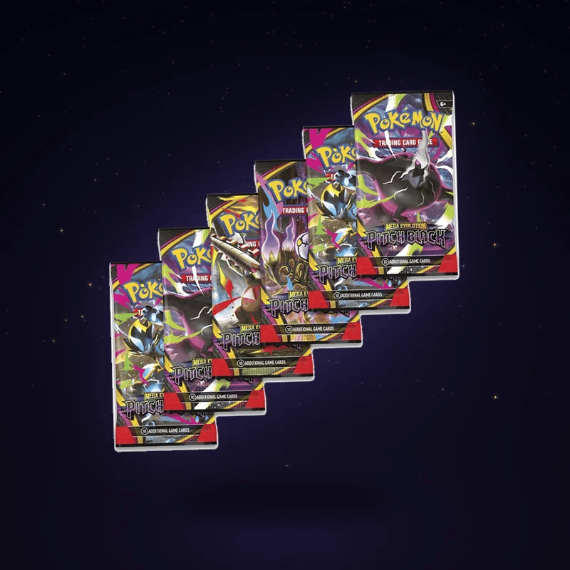 Animated six Pitch Black booster packs floating