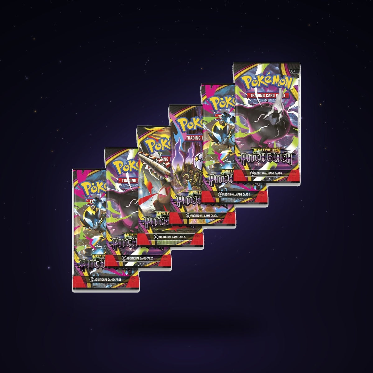 Six Mega Evolution Pitch Black booster packs included in the bundle, floating on a midnight backdrop