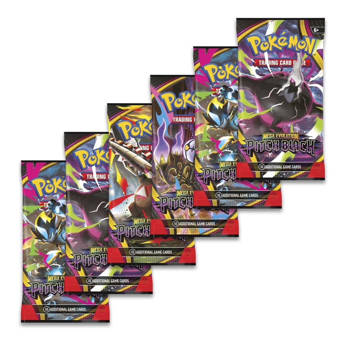 Six Pitch Black booster packs on white