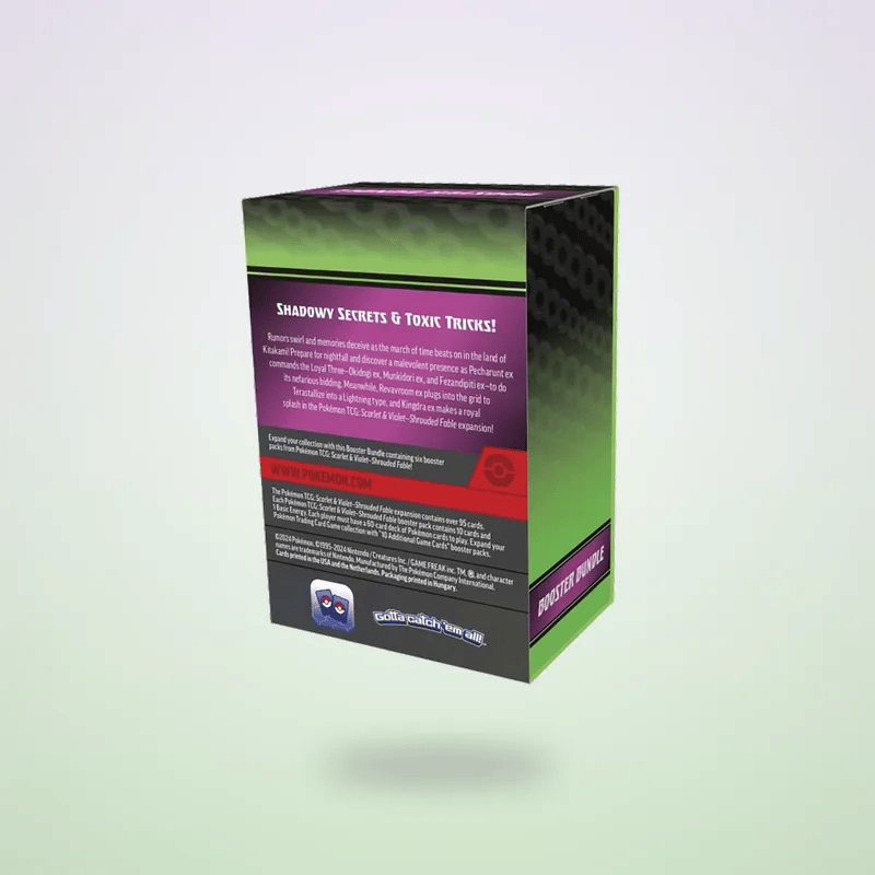 Animated back of the Shrouded Fable Booster Bundle on a light backdrop