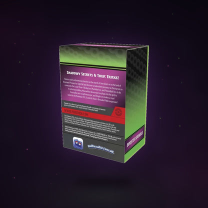 Back of the Shrouded Fable Booster Bundle box floating on a dark violet backdrop