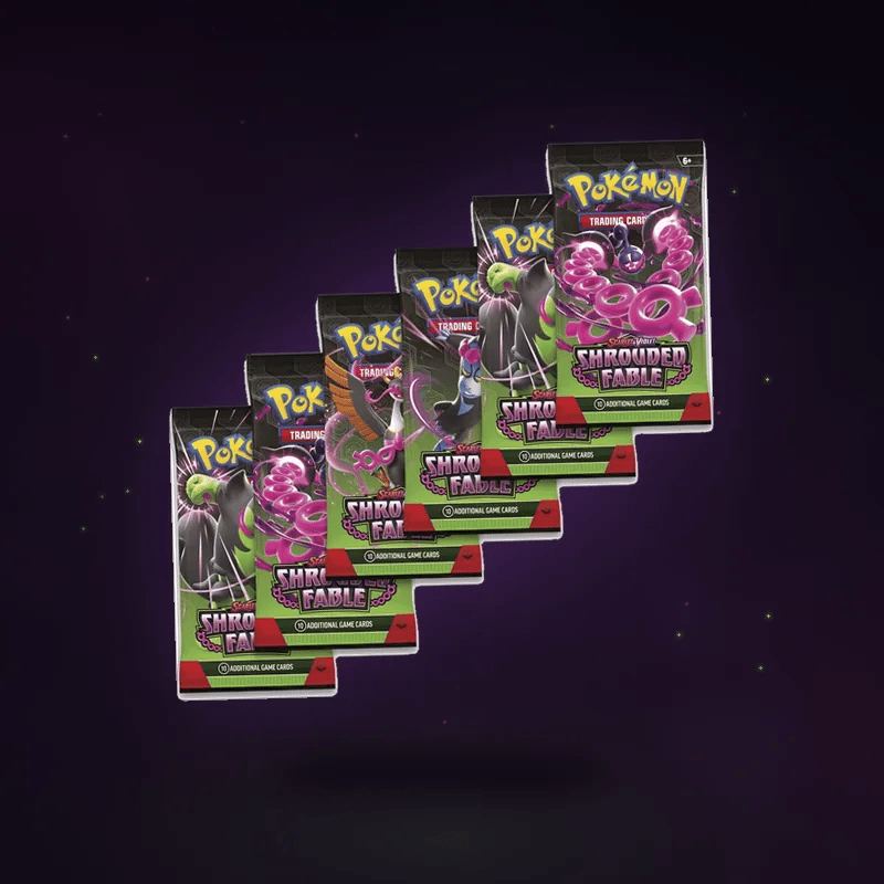 Animated six Shrouded Fable booster packs floating