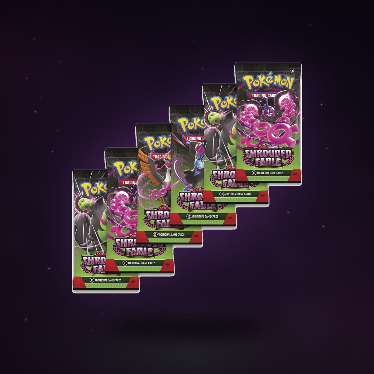 Six Shrouded Fable booster packs included in the bundle, floating on a dark violet backdrop