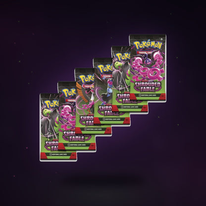 Six Shrouded Fable booster packs included in the bundle, floating on a dark violet backdrop