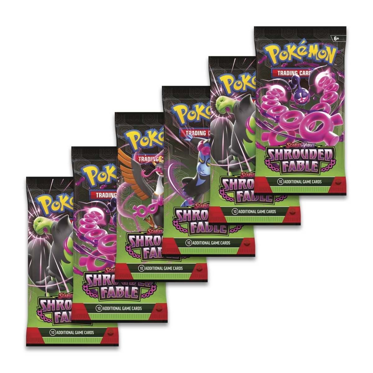 Six Shrouded Fable booster packs on white