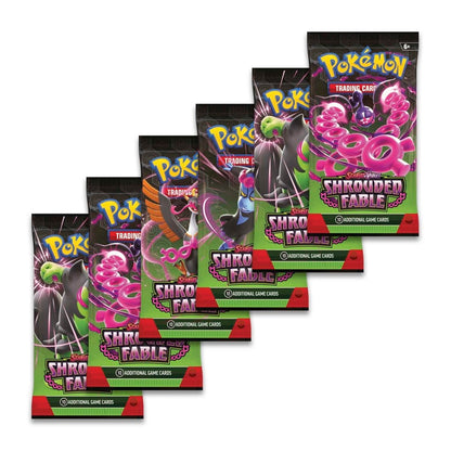 Six Shrouded Fable booster packs on white