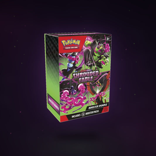 Pokémon TCG Shrouded Fable Booster Bundle floating over a dark violet mist backdrop — factory sealed